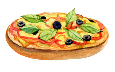 Pizza with olives on white background, watercolor illustration