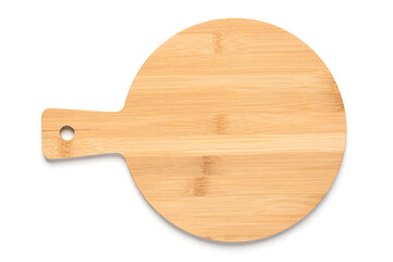 New round wooden bamboo cutting board for pizza isolated on white background. Mockup for food project.