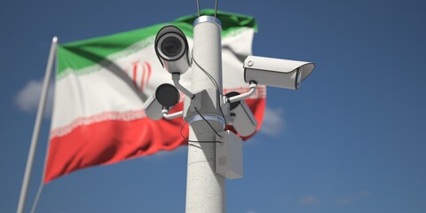 Naklejka na ściany i meble Waving flag of Iran and the security cameras. 3d rendering