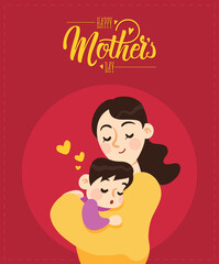Happy Mothers Day Greeting Card. Happy mother holding her son in hand. Vector illustration. Mother's Day Calligraphy card, poster.