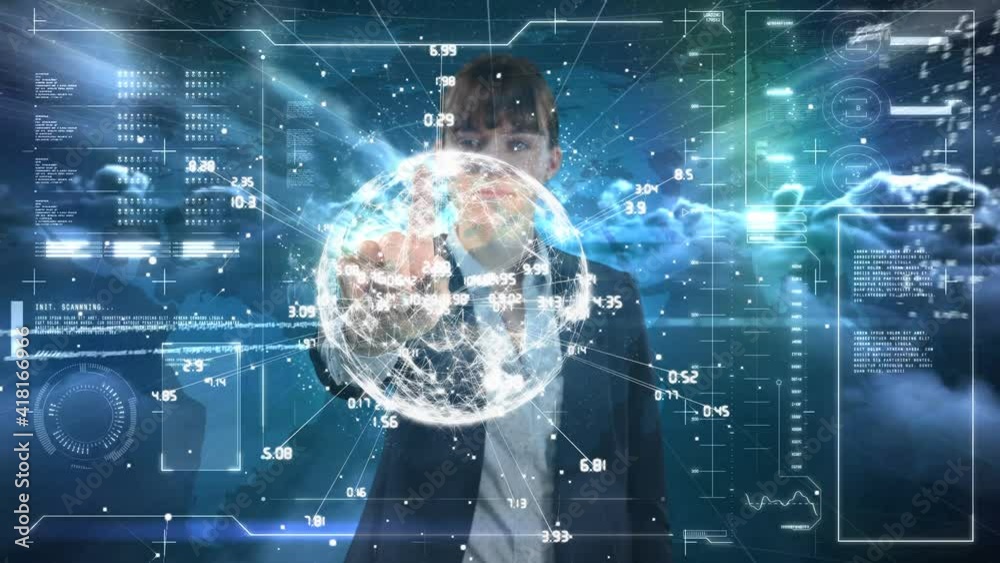 Poster Animation of businessman using digital interface showing world map and information