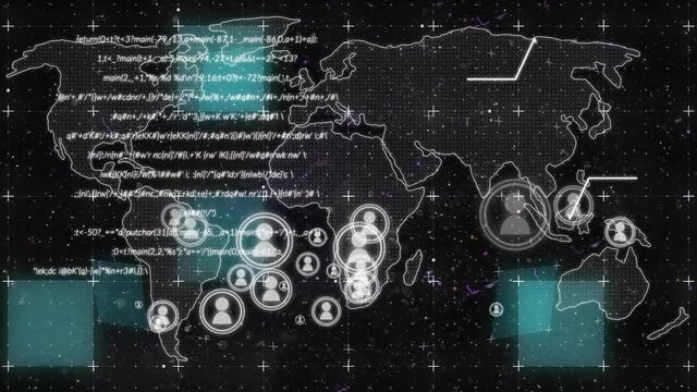 Animation of interface with information world map and people icons