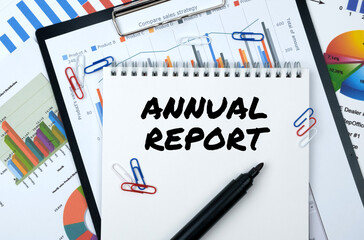 On the table are reports, charts, a notebook with the inscription - ANNUAL REPORT