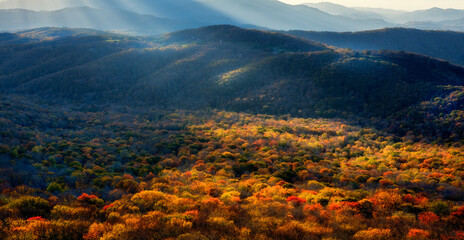Colorful North Carolina Blue Ridge Mountains sunset in Autumn from Sugar Mountain	