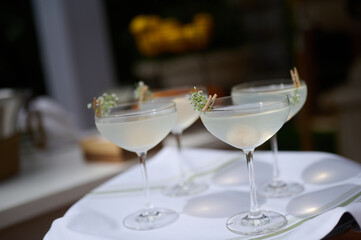 Focus on four glasses of cocktails on a tray, garnished with herbs