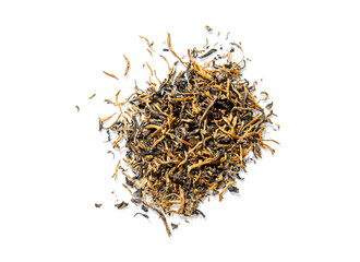 Chinese dry black (red) tea with tips and tea flushes, isolated on white background.