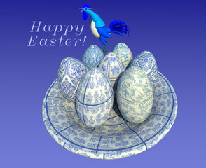 Easter eggs blue and white decorations 3D illustration greeting card 1. China style painted eggs and blue rooster character singing. Gradient background. Collection.