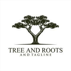 Obraz premium Root Of The Tree logo illustration. Vector silhouette of a tree,Oak Land Vector Logo. Vector silhouette of a tree. The tree is symbol of strength, longevity, fertility, hope and continuity. This logo 