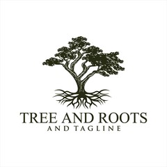 Obraz premium Root Of The Tree logo illustration. Vector silhouette of a tree,Oak Land Vector Logo. Vector silhouette of a tree. The tree is symbol of strength, longevity, fertility, hope and continuity. This logo 