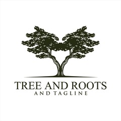 Obraz premium Root Of The Tree logo illustration. Vector silhouette of a tree,Oak Land Vector Logo. Vector silhouette of a tree. The tree is symbol of strength, longevity, fertility, hope and continuity. This logo 