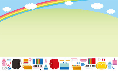 入園入学準備品と青空と虹と原っぱの背景