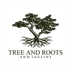 Obraz premium Root Of The Tree logo illustration. Vector silhouette of a tree,Oak Land Vector Logo. Vector silhouette of a tree. The tree is symbol of strength, longevity, fertility, hope and continuity. This logo 