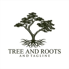 Obraz premium Root Of The Tree logo illustration. Vector silhouette of a tree,Oak Land Vector Logo. Vector silhouette of a tree. The tree is symbol of strength, longevity, fertility, hope and continuity. This logo 