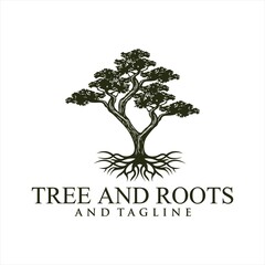 Obraz premium Root Of The Tree logo illustration. Vector silhouette of a tree,Oak Land Vector Logo. Vector silhouette of a tree. The tree is symbol of strength, longevity, fertility, hope and continuity. This logo 