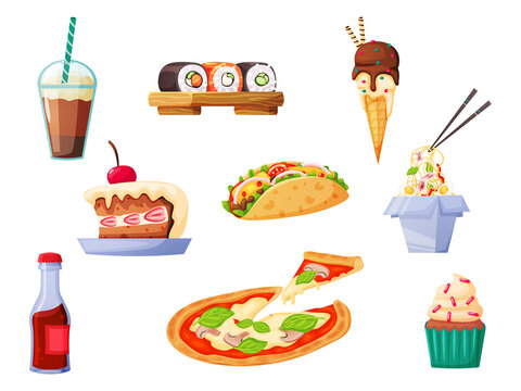 Color set in cartoon fast food style. Sweet and salty food and drinks.