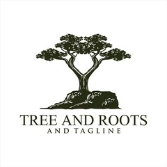 Obraz premium Root Of The Tree logo illustration. Vector silhouette of a tree,Oak Land Vector Logo. Vector silhouette of a tree. The tree is symbol of strength, longevity, fertility, hope and continuity. This logo 