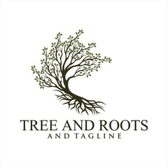 Obraz premium Root Of The Tree logo illustration. Vector silhouette of a tree,Circle Tree vector logo this beautiful tree is a symbol of life, beauty, growth, strength, and good health.