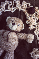 Cute wool teddy bear is lying in the bed