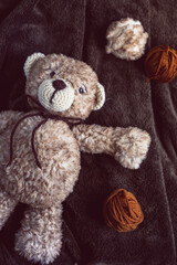 Cute wool teddy bear is lying in the bed