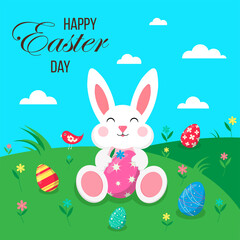 Easter poster with eggs and bunny. Happy Easter Day. Greetings and gifts for Easter in a flat style. Promotion and shopping template. Banner template for Easter