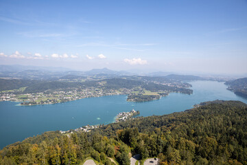 Panoramic top view of the green Austrian Alps, Maria W&ouml;rth and Werthersee lake
