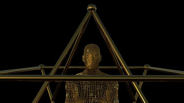 human body made of gold wire, in meditation position, with golden merkaba spinning, camera away, 3d