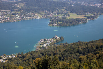 Panoramic top view of the green Austrian Alps, Maria Wörth and We