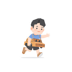 A imaginative asian boy be happy with playing car cardboard box on white background, illustration vector. Kids concept