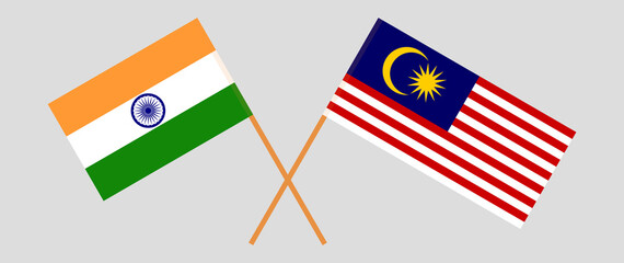 Crossed flags of India and Malaysia. Official colors. Correct proportion