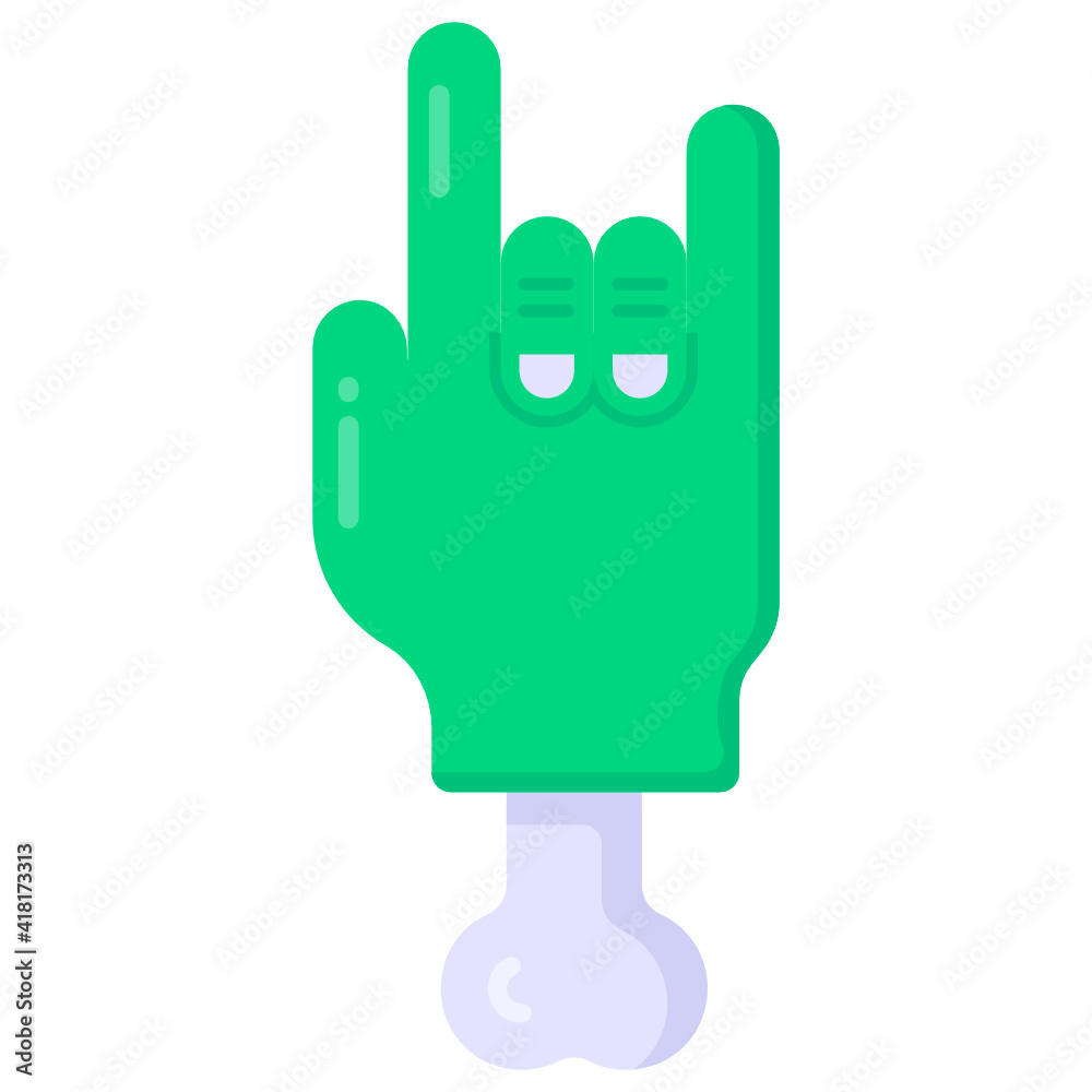 Sticker a rock hand with bone denoting halloween hand in flat icon