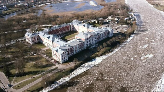 Jelgava Palace (Mitava Palace),  ''Latvia University of Agriculture'' and Lielupe river during winter day 