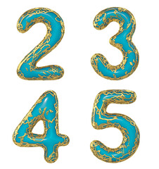 Number set 2, 3, 4, 5 made of realistic 3d render golden shining metallic. Collection of gold shining metallic with blue color plastic symbol