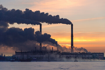 Industrial factory pollution atmosphere, smokestack exhaust gases. Industry zone, thick smoke....