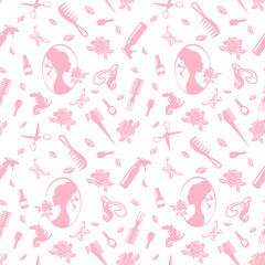 Simless pattern from hairdressing tools, scissors, combs, spray, rose, butterfly, beads, perfume, profile of a girl with a hairstyle. Vector image.