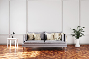 minimalistic elegant living room interior with single vintage sofa in front of white wall; copy space; 3D Illustration