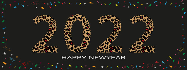 Fototapeta na wymiar Happy New Year Typography text 2022 font with wild leopard skin on black background,Trendy Lettering and colourful paper cut elements for Greeting card or banner for Chinese new year,Year of the tiger