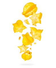 Whole and sliced ripe carambola in the air, isolated on a white background