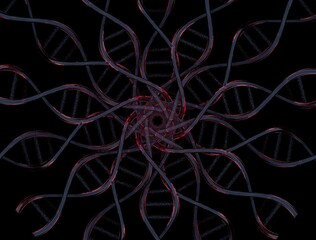 DNA helices connected in a circular shape, made of blood red tinted glass