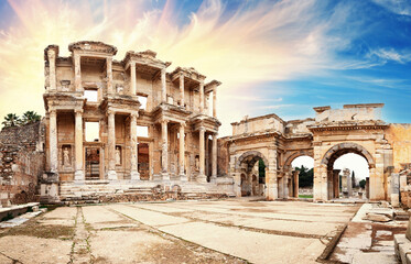 Ancient library of Celsus in Ephesus under dramatic sky