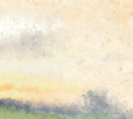 Oil paintings landscape with clouds and sun. Fine art.