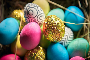 Close up of colourful painted decorated Easter eggs, festive card for christian religious holiday
