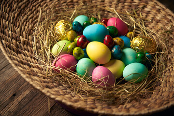 Colourful easter eggs in rustic egg shaped basket. Festive card for christian religious holiday