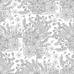 Fototapeta premium Monochrome doodle flower seamless pattern for adult coloring book. Black and white floral outline. Vector hand drawn illustration.