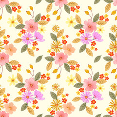 Seamless colorful flowers vector on yellow color background for fashion prints, wrapping, textile, paper, wallpaper.