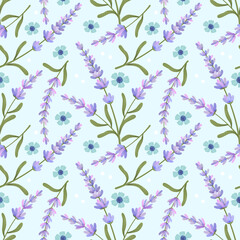 Purple flower Lavender seamless pattern on blue background.