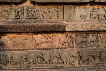 Frescoes on the wall of the ruined royal castle in Hampi, Karnataka, India.  Scenes with animals,...