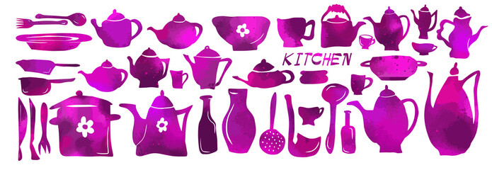 A set of violet kitchen utensils. Vector illustration