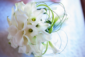 Bride holding bouquet of white calla lilies. High quality photo