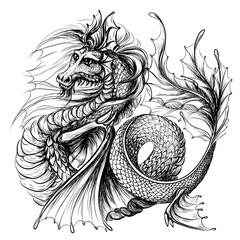 Dragon. Graphic, black-and-white, water dragon in sketch style on a white background. Digital vector graphics.