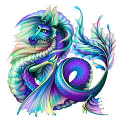 Dragon. Multi-colored, water dragon in watercolor style on a white background. Digital vector graphics.